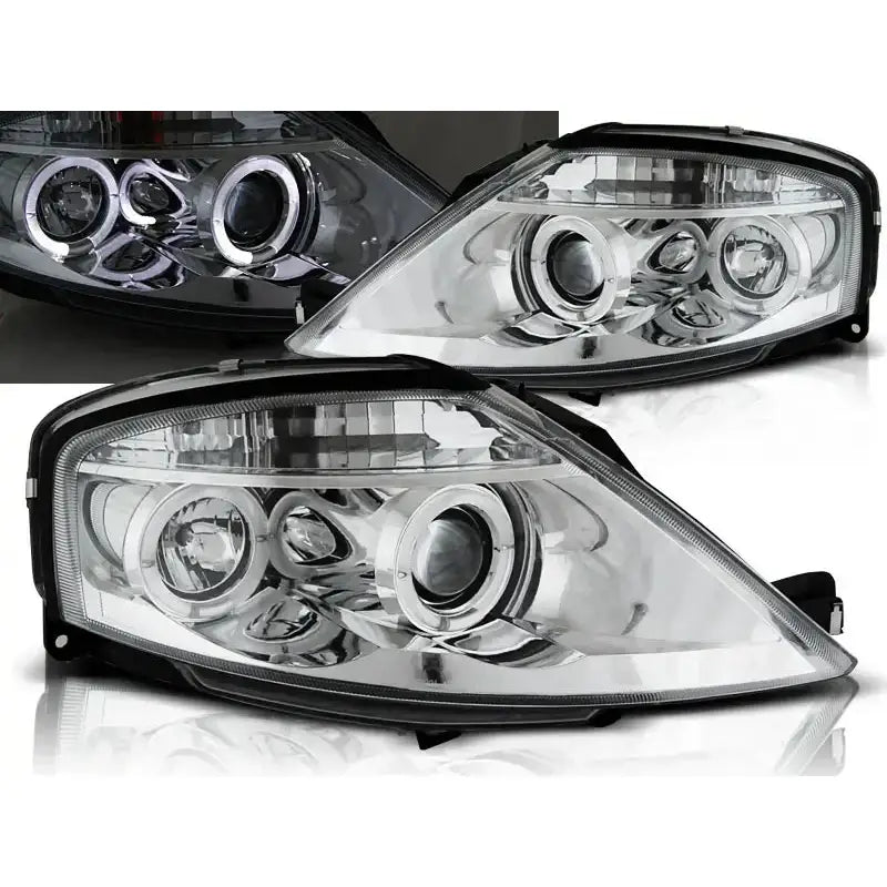 Frontlykter Citroen C3 03.02-09 Angel Eyes Chrome med runde reflektorer og lysringer, sett forfra.
