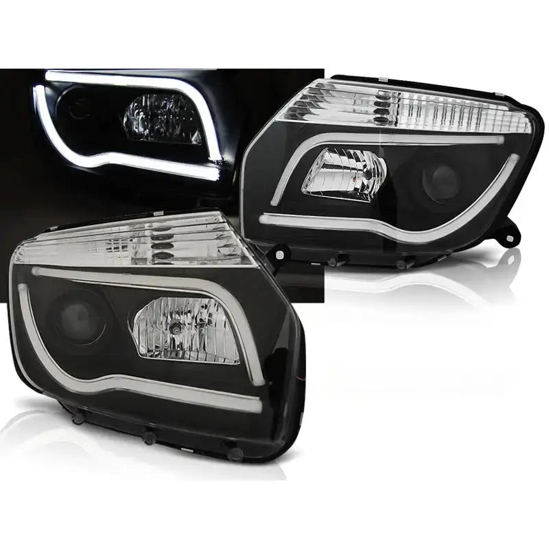 Frontlykter Dacia Duster 04.10-14 Black Tube Light med buede LED-striper, sett fra skrå vinkel.