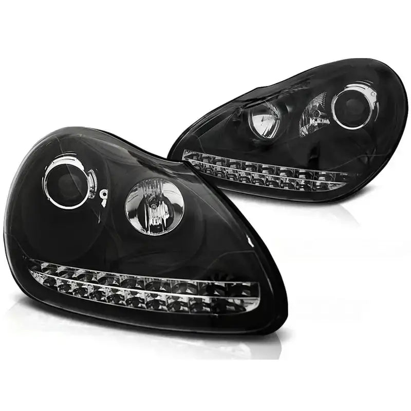 Hovedlykter Daylight Black HID Xenon for Porsche Cayenne 02-06 med LED-striper og runde reflektorer.