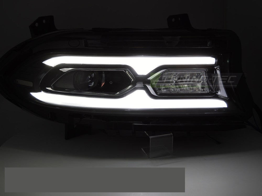 Nærbilde av full LED-frontlykt Dodge Charger med svart finish