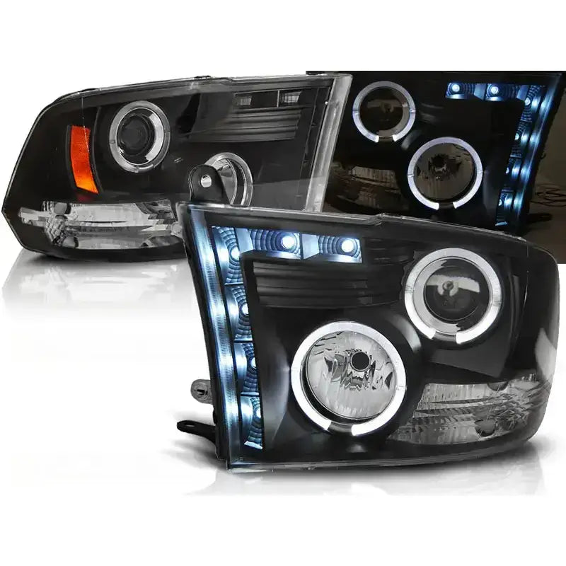 Frontlykter Dodge Ram 09-11 Angel Eyes Black med LED-halo-ringer og blåhvite markeringslys.