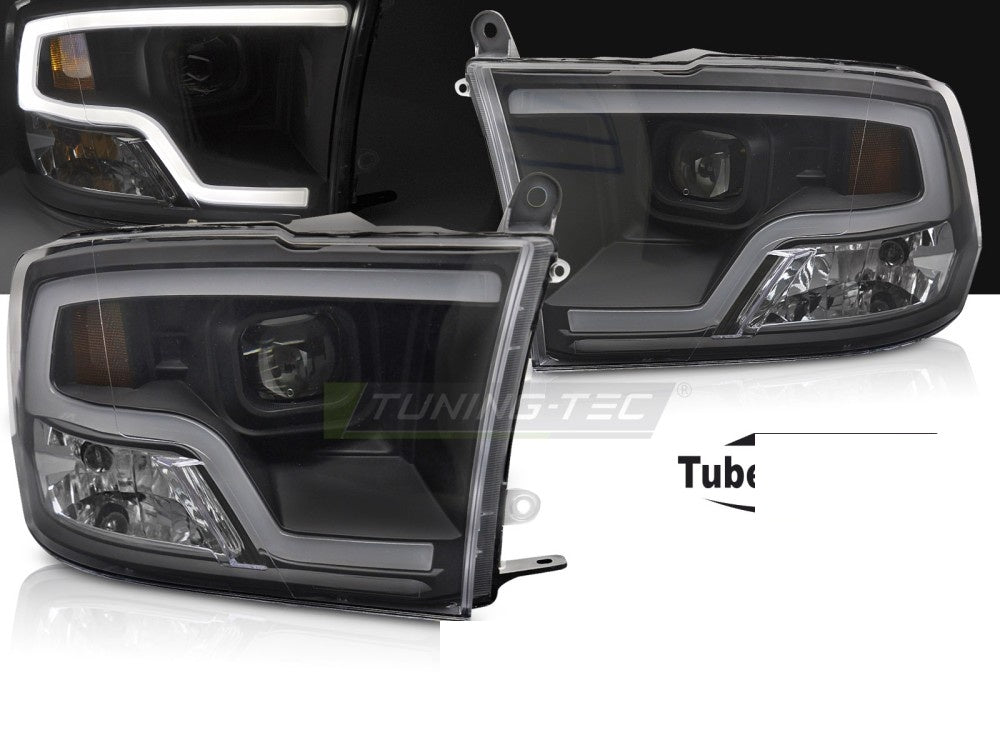 Svarte projector-frontlykter med tube light-design til Dodge Ram nærbilde