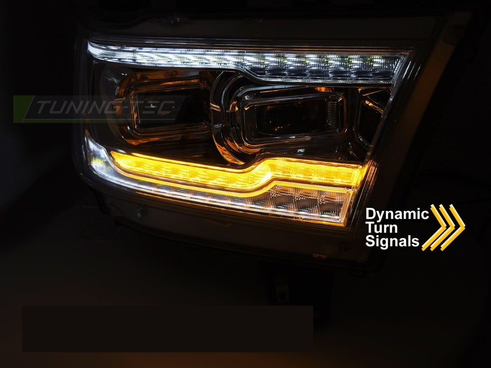 Frontlykter Full LED krom Dodge Ram detaljbilde av lysmønster og reflektor
