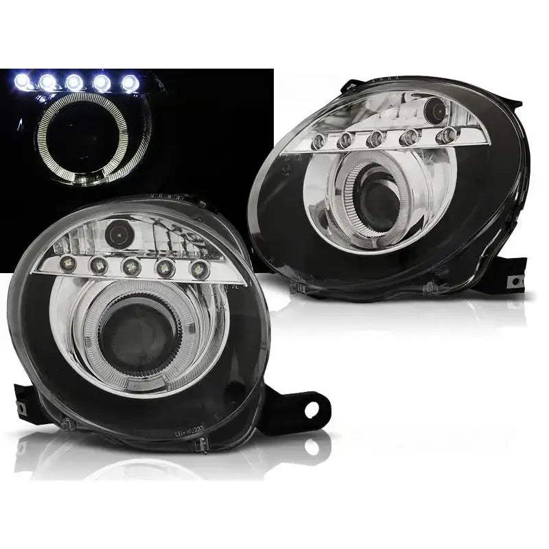 Frontlykter Fiat 500 07- projektor black LED med klare glass, sorte detaljer og fem LED-lys tent.