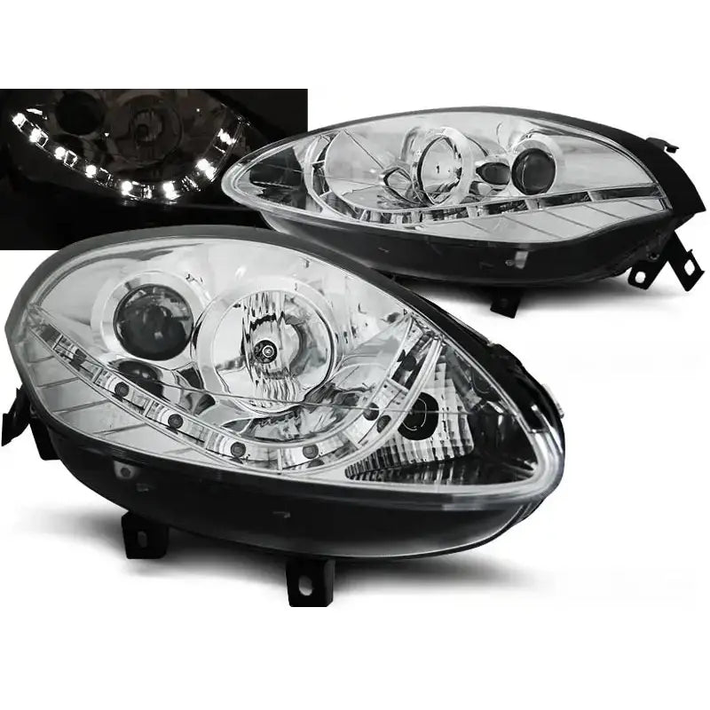 Frontlykter Fiat Bravo II 07- chrome med LED-lys i buet rekke, vist i skrå vinkel.
