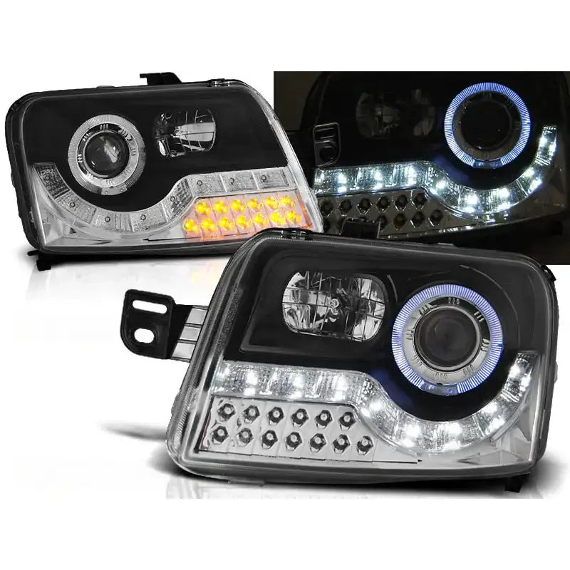 Frontlykter Fiat Panda 03-12 Daylight Black Led med hvite og gule LED samt blålysende ring, dag og nattmodus.