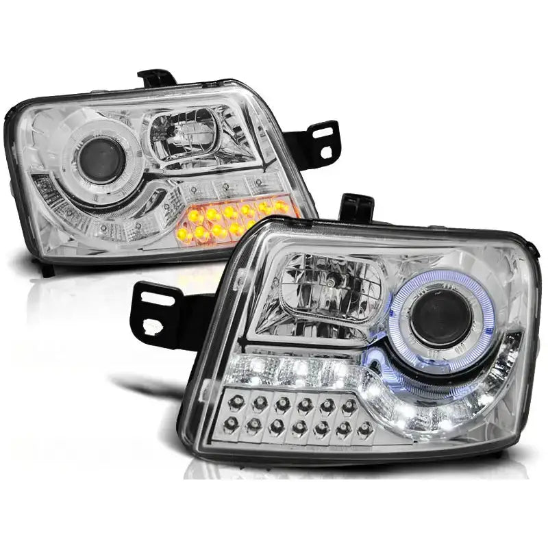 Hovedlykter Fiat Panda 03-12 Daylight Chrome LED med klare linser, kromdetaljer og synlige LED-lys.