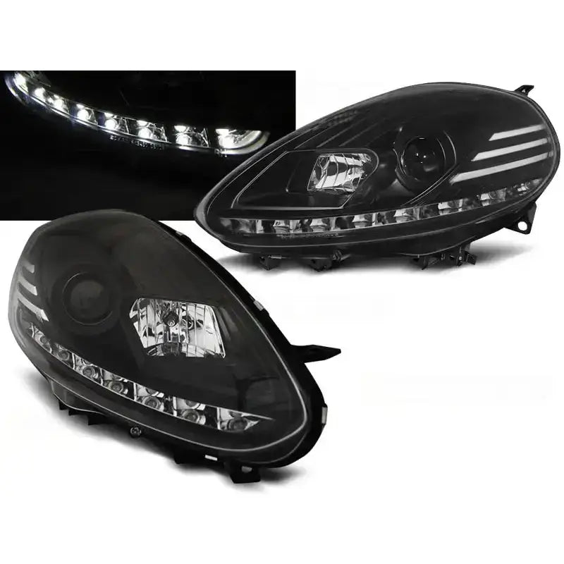 Frontlykter Fiat Punto EVO 10.09-12 Black med LED-strip, nærbilde av tent lys i mørket.