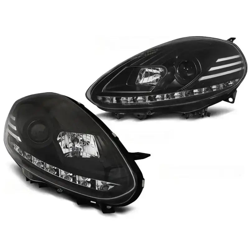 Hovedlykter Fiat Punto EVO 10.09-12 Black DRL LED med klare linser og synlige LED-striper.