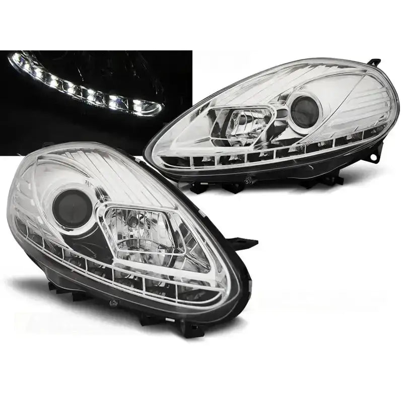 Frontlykter Fiat Punto EVO 10.09-12 Chrome DRL Led med svarte detaljer, nærbilde av LED-lys i mørket.