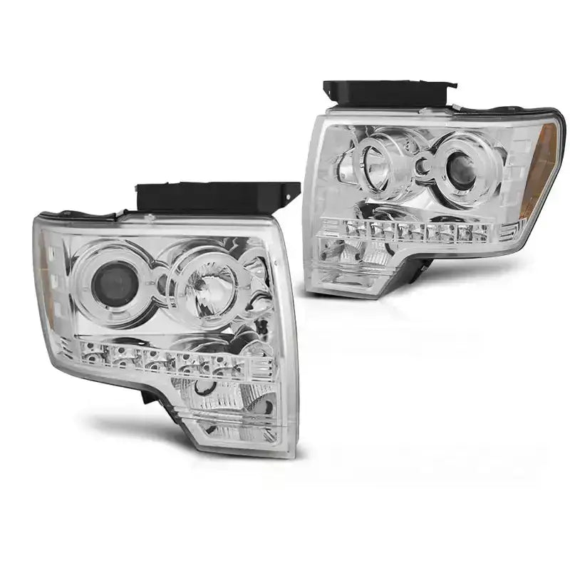 Frontlykter Ford F150 Mk12 08-14 Angel Eyes Chrome sett med kromdetaljer mot hvit bakgrunn.