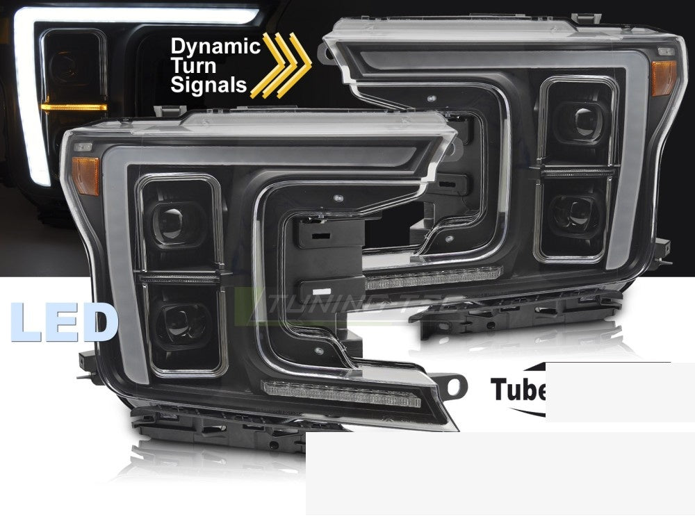 Full LED frontlykter i svart til Ford F150 MK13 nærbilde av lysdesign