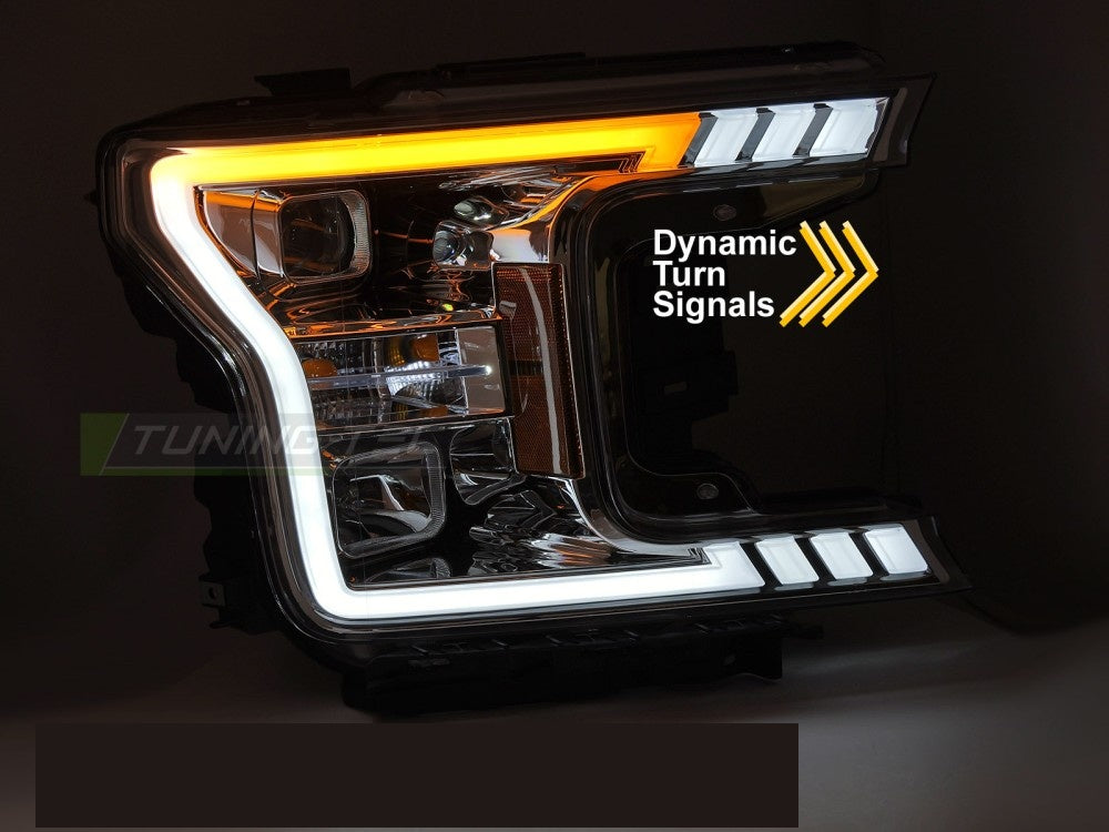 Tube light frontlykter i krom finish for Ford F150 MK13 nærbilde av lysdesign