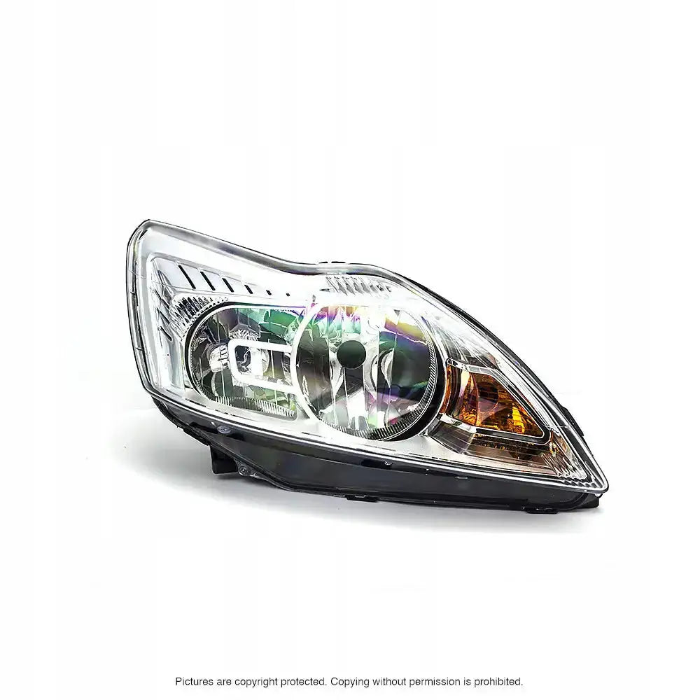 Hovedlykter Ford Focus II 08-12 med klart glass, sølvreflektorer og oransje indikator, skrå frontvinkel.