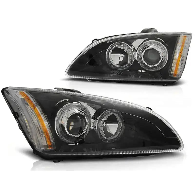 Hovedlykter Ford Focus II Angel Eyes Black med sort innside og oransje blinklys, sett skrått.