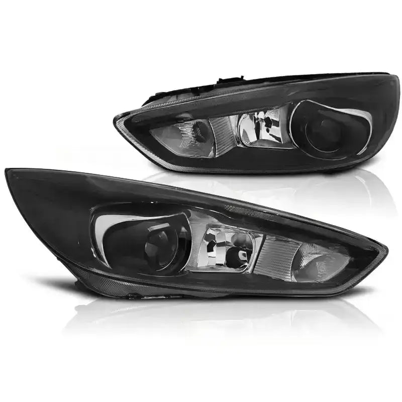 Hovedlykter Ford Focus Mk3 14- sorte LED DRL, skrå vinkel, klare glass og sorte rammer.