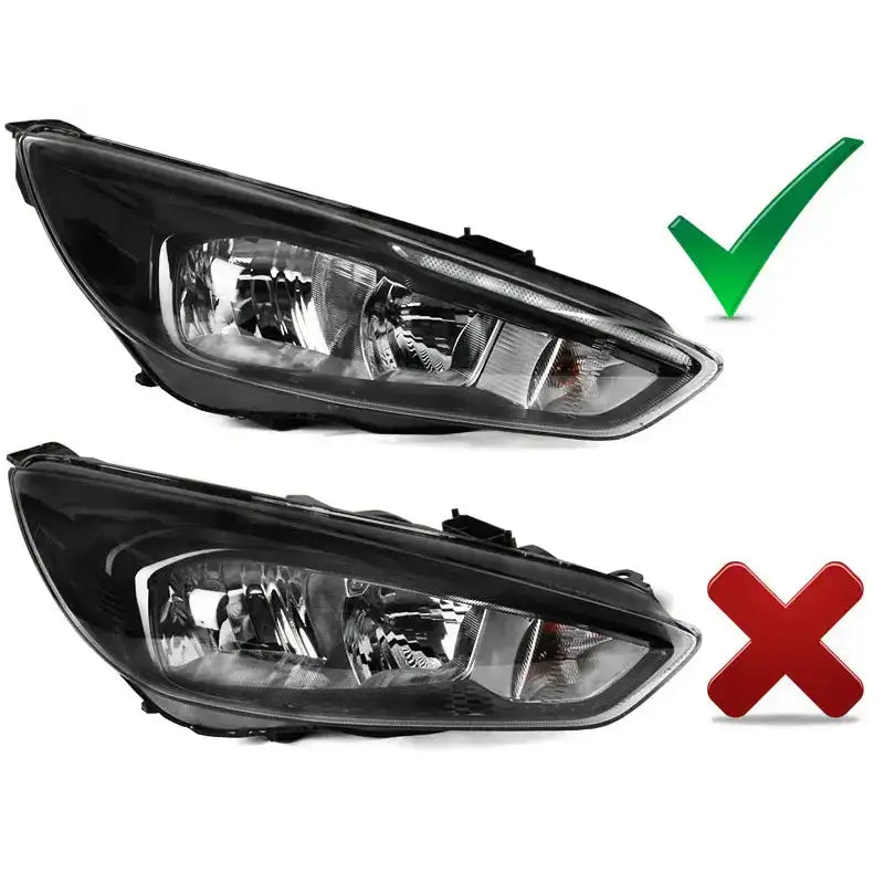 Frontlykter Ford Focus Mk3 14- Black Led DRL, sidevisning med grønn hake og rød kryss for sammenligning.