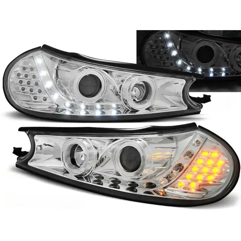 Frontlykter Ford Mondeo 10.96-08.00 Chrome Led med klart glass, kromdetaljer og synlige LED-lys.