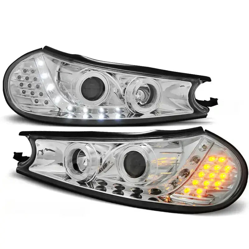 Hovedlykter Ford Mondeo 10.96-08.00 i krom med klare linser, én med hvite og én med oransje LED-lys.