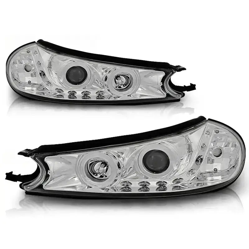 Hovedlykter Ford Mondeo 10.96-08.00 med kromdetaljer, LED-lys og sorte kanter, sett forfra.