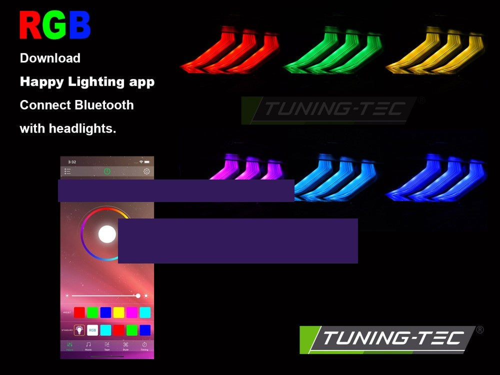 Svarte LED-frontlykter med RGB DRL montert på Ford Mustang bakfra sett
