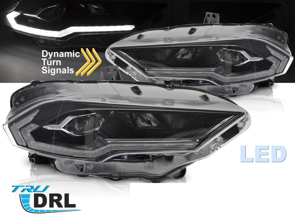 Svarte LED frontlykter til Ford Mustang facelift montert på bil