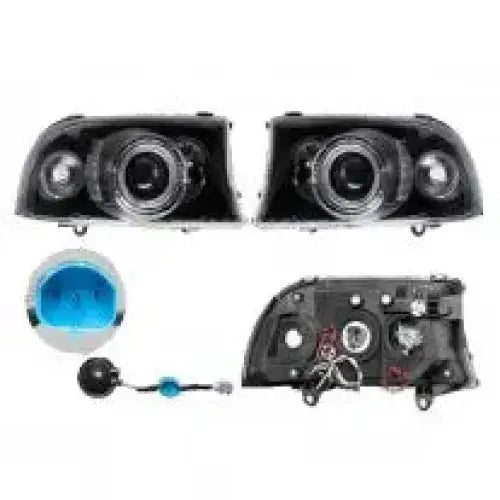 Frontlykter H1+HB4 til Dodge Durango 97-04, svart plast og glass, blå detaljer, sett forfra og bakfra.