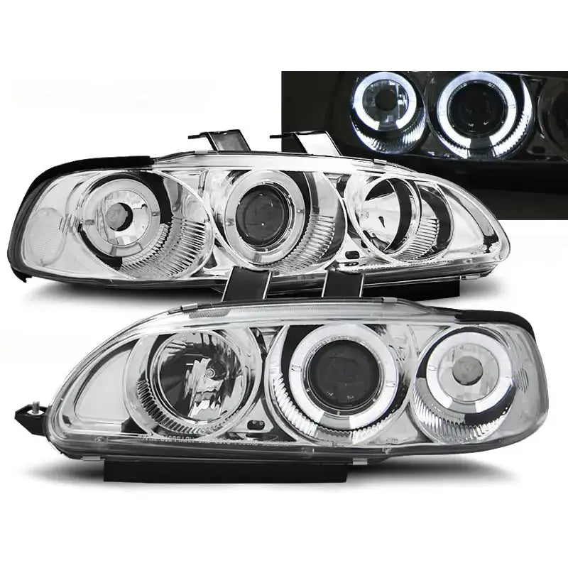 Frontlykter Honda Civic 09.91-08.95 Angel Eyes Chrome, sett fra skrå vinkel med LED-lys på.