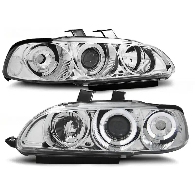 Hovedlykter Honda Civic 09.91-08.95 Angel Eyes Chrome med tre runde reflektorer og svarte detaljer.