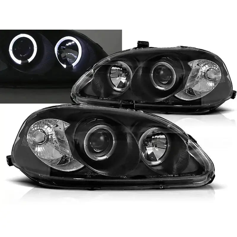 Frontlykter Honda Civic 09.95-02.99 Angel Eyes Black med sorte hus og hvite LED-ringer tent.