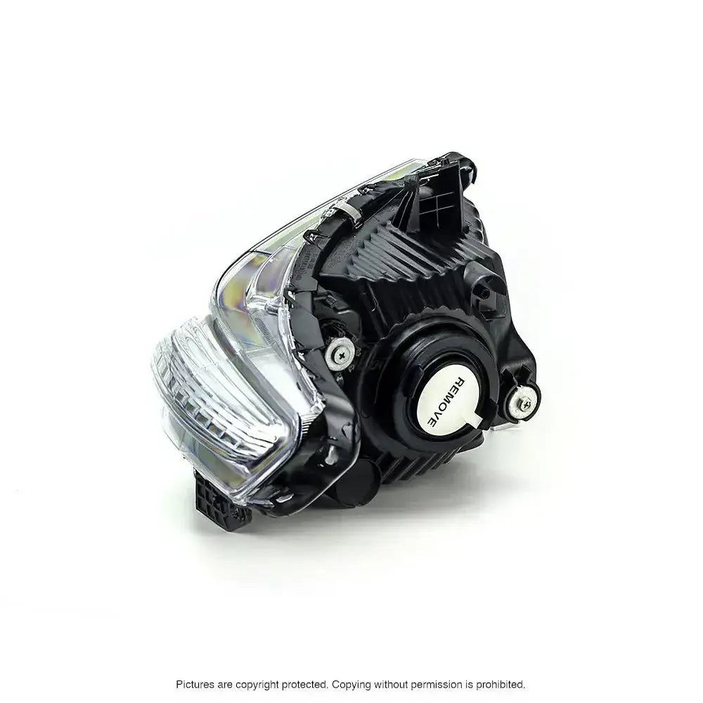 Headlights Honda CR-Z 10-13 med sort ribbet bakside, klar linse og “REMOVE” på skrukork, sett skrått bakfra.