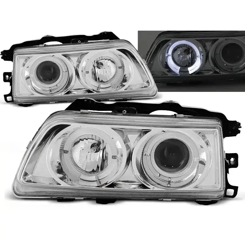 Frontlykter Honda CRX 09.87-89 Angel Eyes Chrome sett forfra med dobbel rund reflektorlinse.