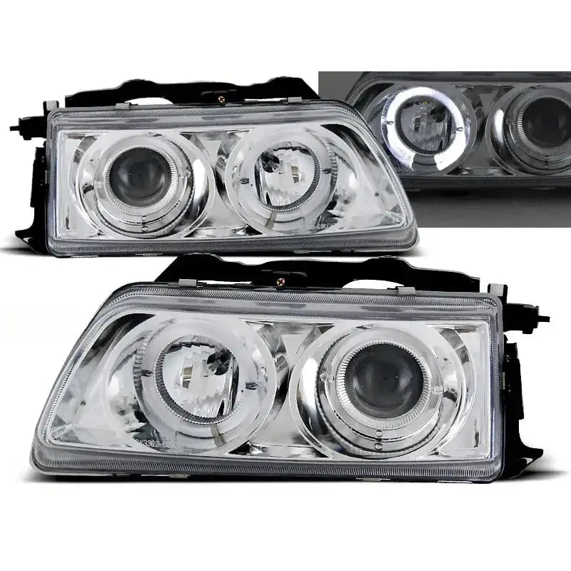 Frontlykter Honda CRX 90-02 Angel Eyes Chrome med klare linser og LED-lys, sett forfra.