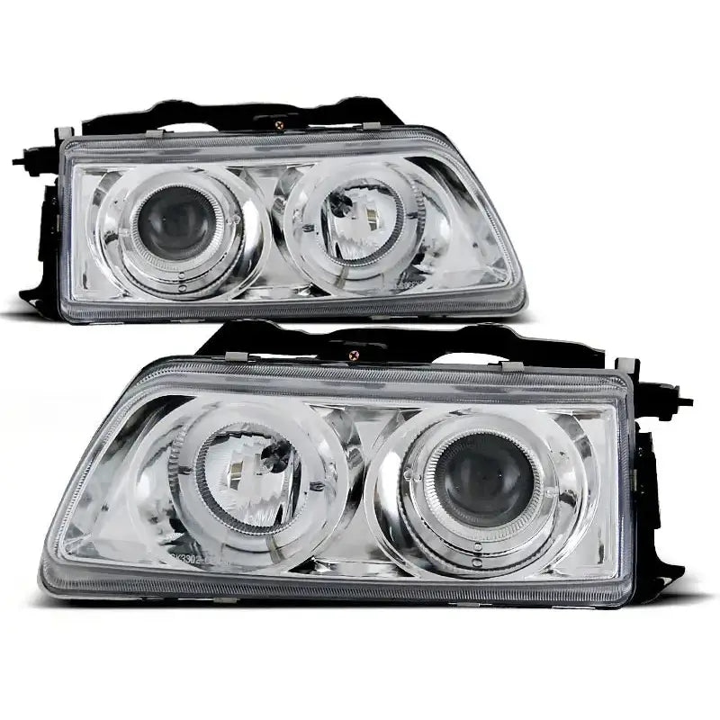 Hovedlykter Honda CRX 90-02.92 Angel Eyes Chrome med to runde lykteglass i klar plast, sett forfra.