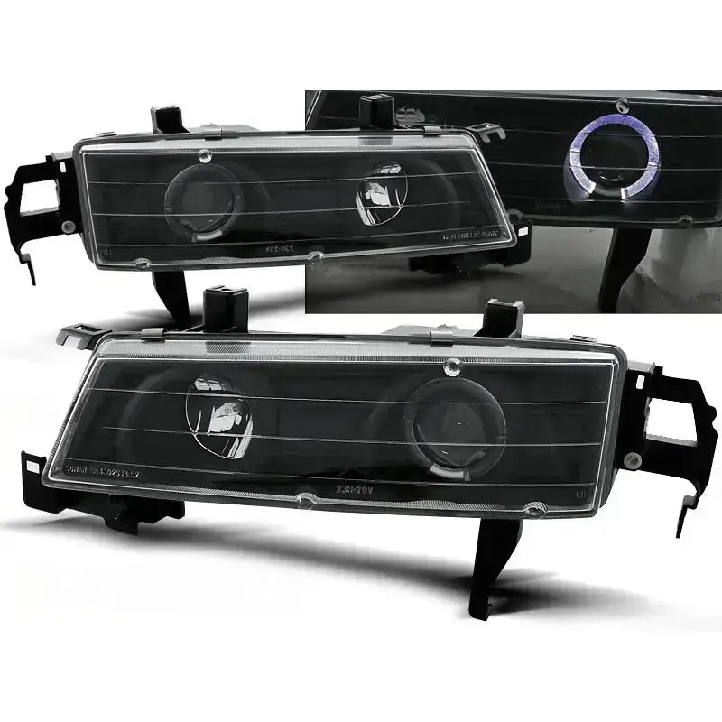 Frontlykter Honda Prelude Angel Eyes Black med sorte detaljer og lilla lyssirkel rundt lykteglass.
