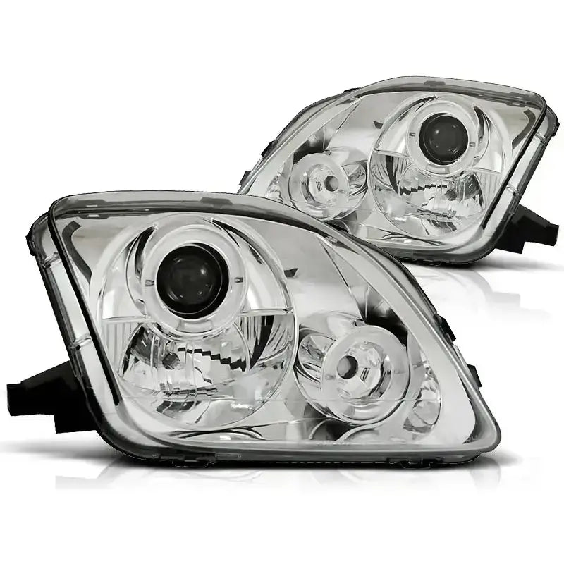 Hovedlykter Honda Prelude 02.97-01 Angel Eyes Chrome sett fra skrå vinkel med klare reflektorer.