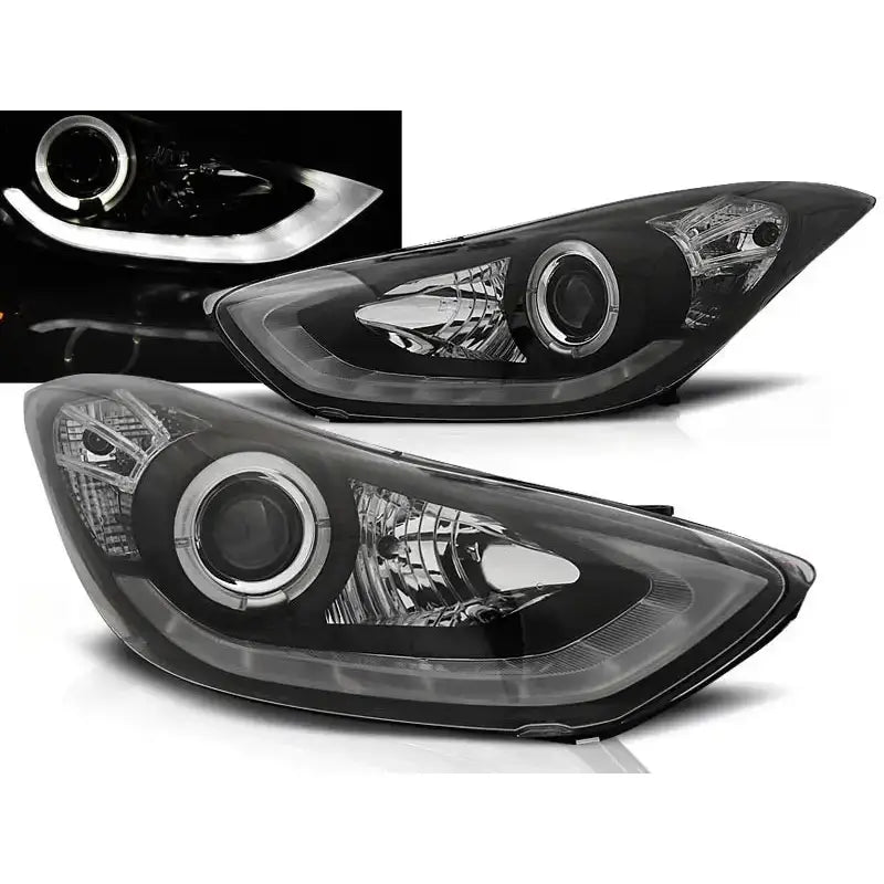 Frontlykter Hyundai Elantra 11.10- Black Led med klart glass og kromdetaljer, LED-lysring tent.