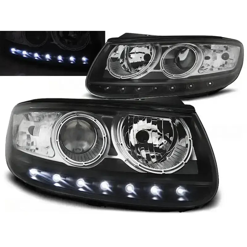 Frontlykter Hyundai Santa Fe 06.06 Black med sorte detaljer, LED-lysrekke og reflekterende innside.