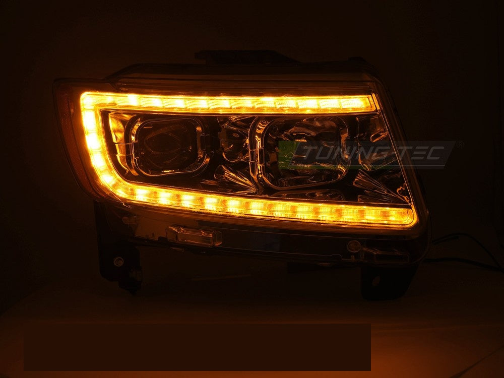 Komplett sett frontlykter Jeep Grand Cherokee WK2 tube light krom bakside