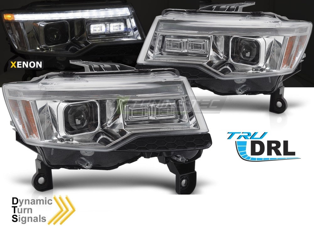 Nærbilde av krom frontlykt med tube light-design til Jeep Grand Cherokee WK2 HID