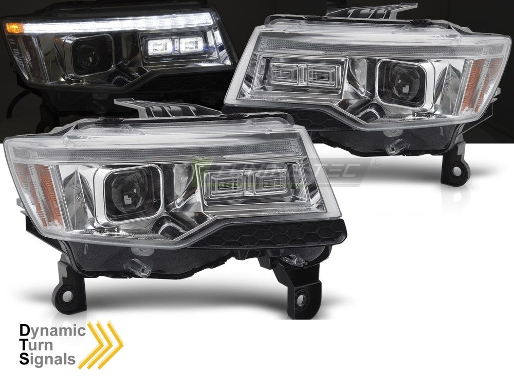 Jeep Grand Cherokee WK2 frontlykter i krom med LED tube light nærbilde av lysdesign