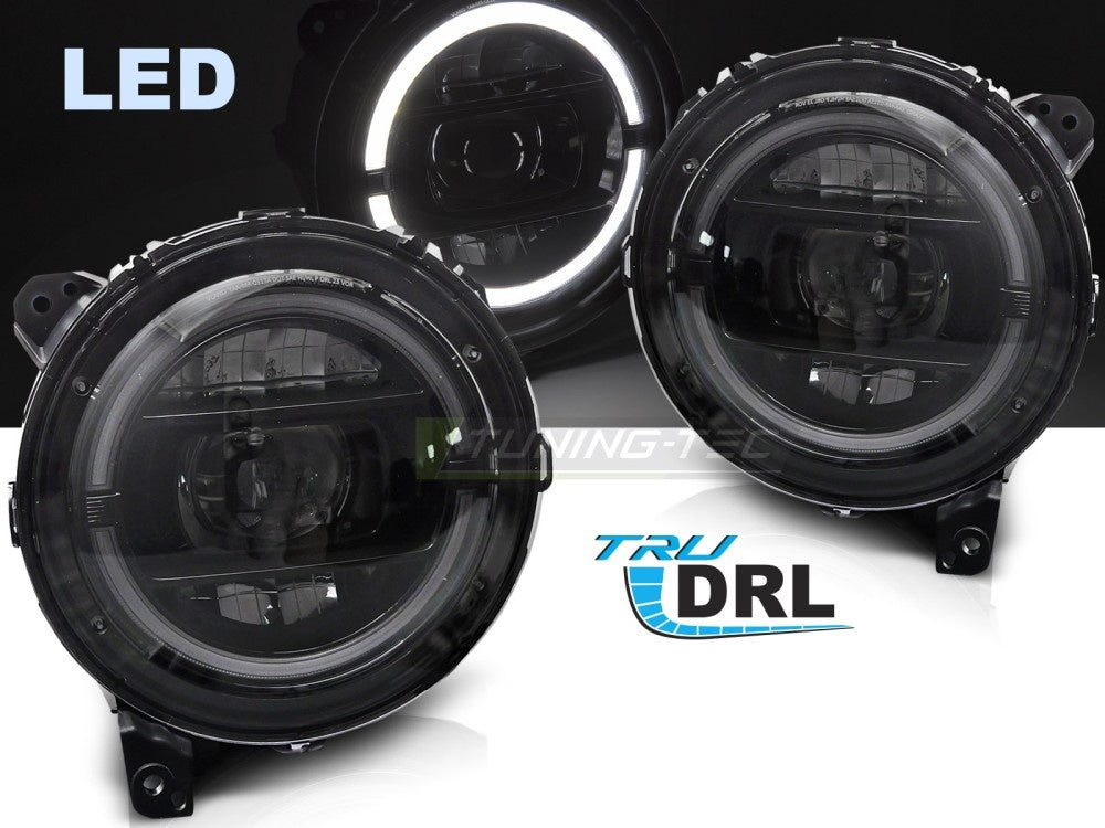 Frontlykter Jeep Wrangler JL LED dagkjørelys nærbilde av lysdesign
