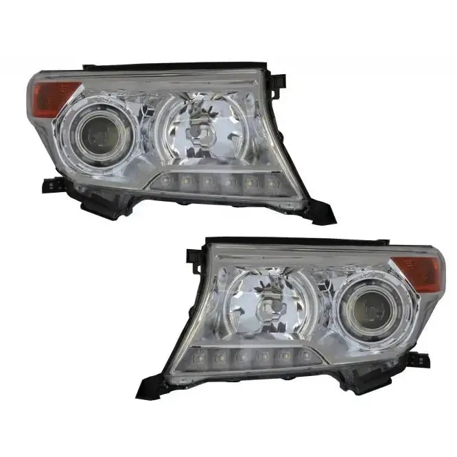 Frontlykter Led DRL til Toyota Land Cruiser J200 08-12, sett forfra med sorte og kromdetaljer.
