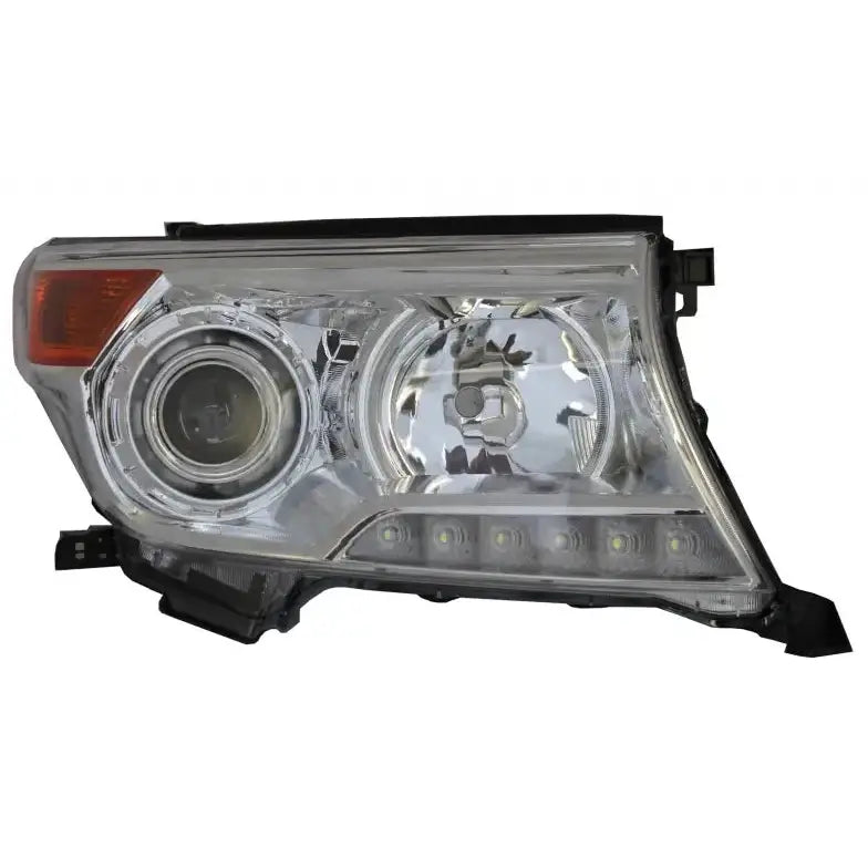Hovedlykter Led DRL til Toyota Land Cruiser J200 med runde reflektorer og LED-lysrekke nederst.