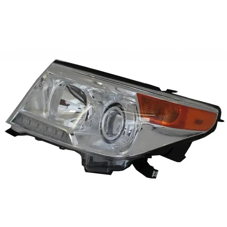 Headlamp til Toyota Land Cruiser J200 08-12 med klar plast, kromdetaljer og oransje sidefelt.