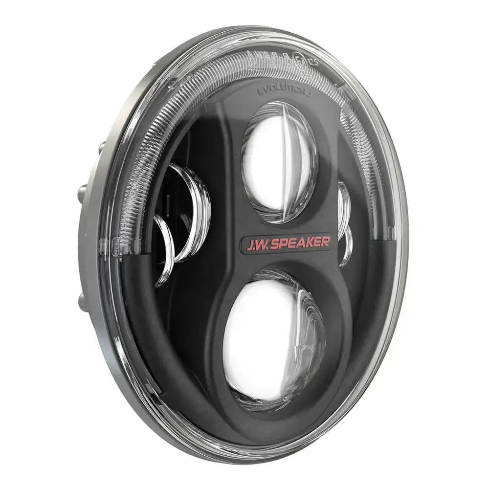 Hovedlykter Led JW Speaker 8700 Evo J2 Black med rød logo, sett fra skrå vinkel med detaljerte linser.