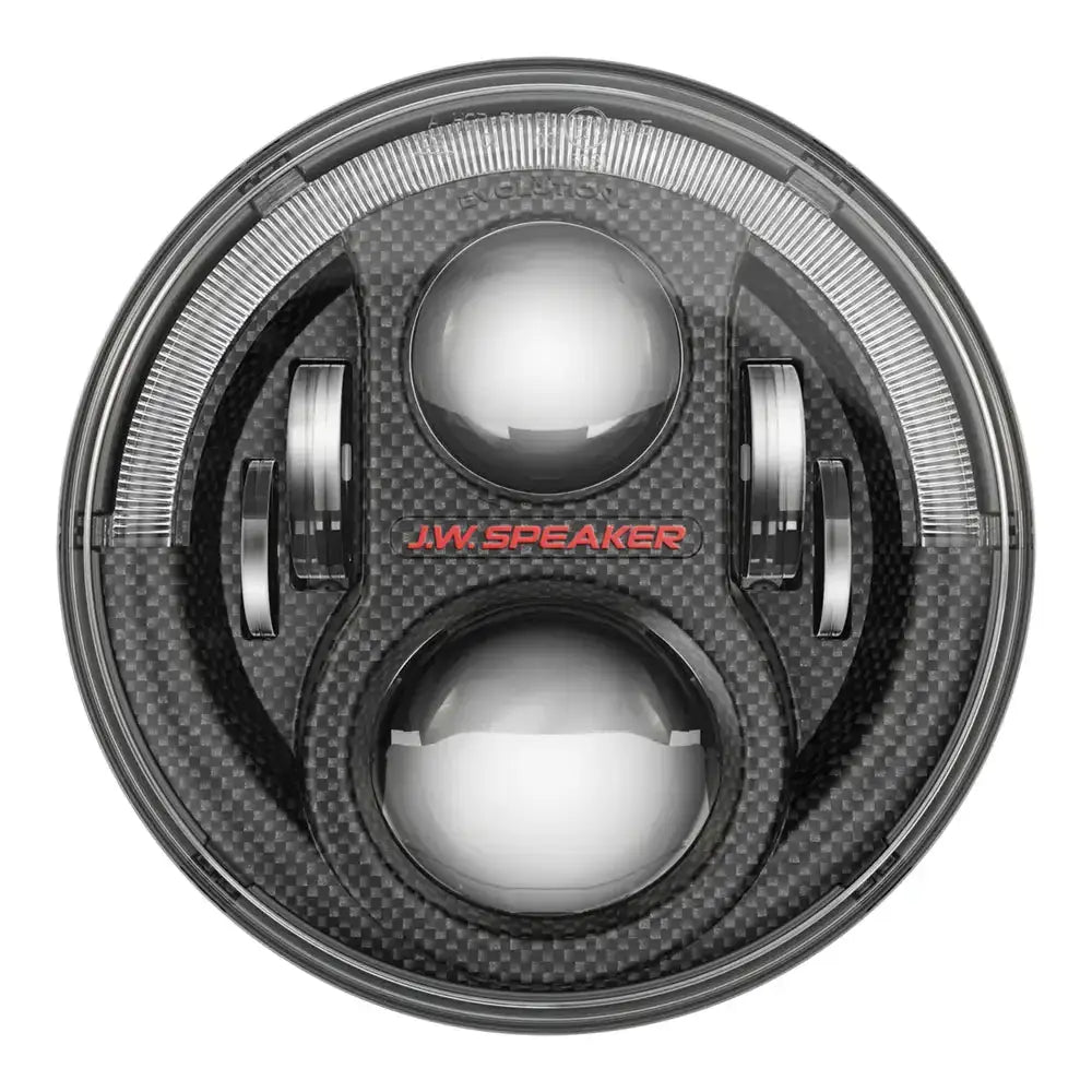 Hovedlys Led JW Speaker 8700 Evo J2 Carbon sett forfra med karbonfiber-look og rød logo.