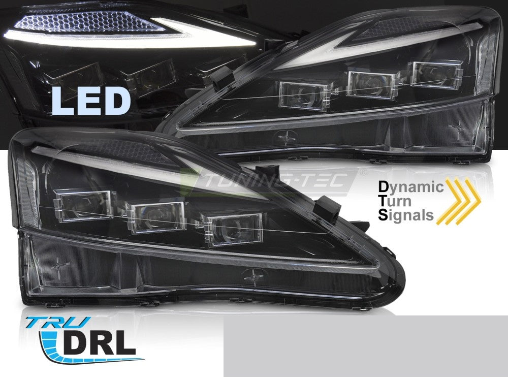 Svarte LED-frontlykter til Lexus IS montert på bil med LED-kjørelys