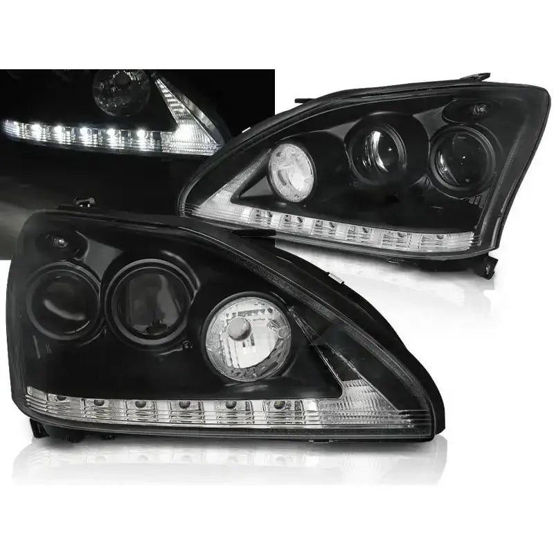Frontlykter Lexus RX 330 350 Tube Light Black med LED-lysstripe, sett fra skrå forsidevinkel.