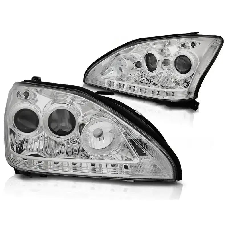 Hovedlykter Lexus RX 330 350 Tube Light Chrome sett fra skrå vinkel med svarte detaljer.